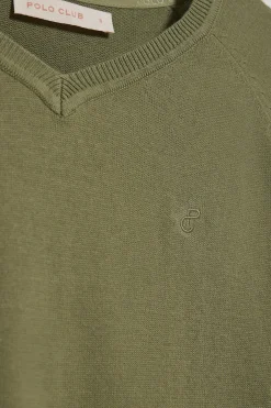 Jersey verde claro en cuello v de algodón y lino con monograma bordado