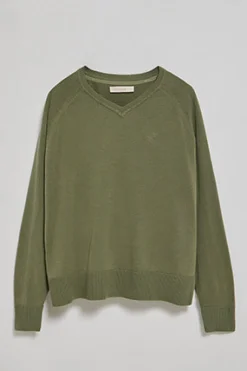 Jersey verde claro en cuello v de algodón y lino con monograma bordado
