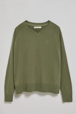 Jersey verde claro en cuello v de algodón y lino con monograma bordado