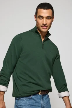 Jersey verde esmeralda de media cremallera garment dye con logo bordado