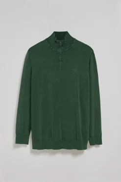 Jersey verde esmeralda de media cremallera garment dye con logo bordado