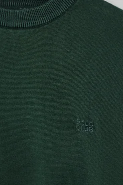 Jersey verde esmeralda garment dye de cuello redondo y logo bordado