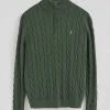Jersey verde lodo de punto trenzado en mezcla de lana con media cremallera y bordado Rigby Go