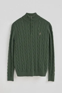 Jersey verde lodo de punto trenzado en mezcla de lana con media cremallera y bordado Rigby Go