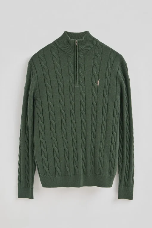Jersey verde lodo de punto trenzado en mezcla de lana con media cremallera y bordado Rigby Go