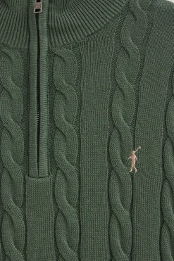 Jersey verde lodo de punto trenzado en mezcla de lana con media cremallera y bordado Rigby Go