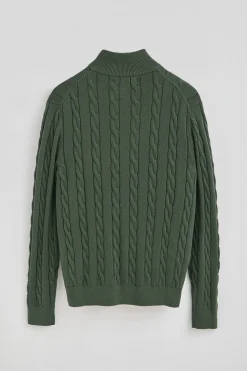 Jersey verde lodo de punto trenzado en mezcla de lana con media cremallera y bordado Rigby Go