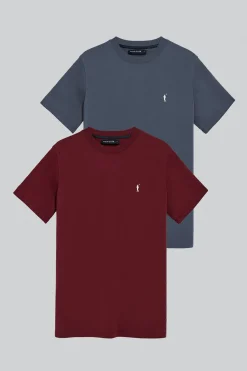 Pack de dos camisetas granate y azul denim con cuello redondo y logo bordado Rigby Go