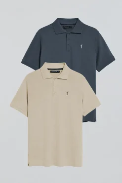 Pack de dos polos de tres botones azul denim y beige con logo Rigby Go