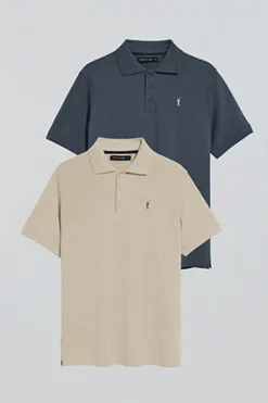 Pack de dos polos de tres botones azul denim y beige con logo Rigby Go
