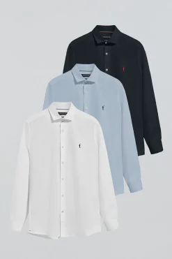 Pack de tres camisas slim en azul marino, blanca y azul celeste con logo Rigby Go