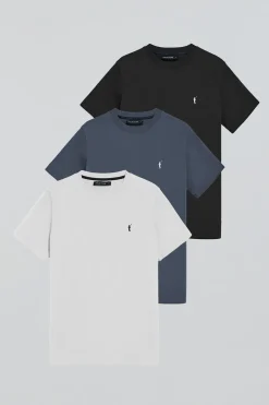 Pack de tres camisetas de manga corta negra,azul denim y blanca con logo Rigby Go