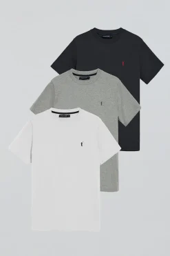Pack de tres camisetas de manga corta azul marino, blanca y gris vigoré con logo Rigby Go