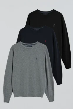 Pack de tres jerséis azul marino, negro y gris vigoré de punto con cuello redondo y bordado Rigby Go