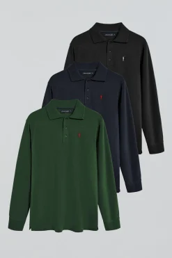 Pack de tres polos de manga larga azul marino, negro y verde botella con logo Rigby Go