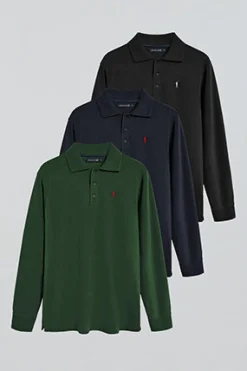 Pack de tres polos de manga larga azul marino, negro y verde botella con logo Rigby Go