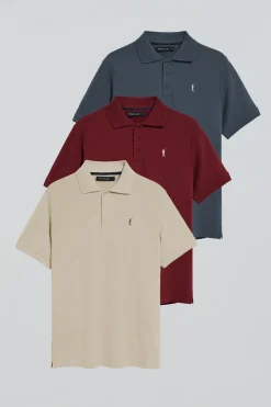 Pack de tres polos de tres botones granate, azul denim y beige con logo Rigby Go