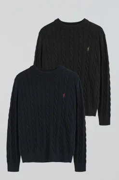 Pack hombre de dos jerseis azul marino y negro de punto trenzado y mezcla de lana con bordado Rigby Go