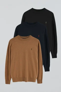Pack hombre de tres jerseis negro, azul marino y marrón vigoré de mezcla de lana y bordado Rigby Go