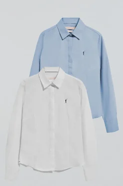 Pack mujer de dos camisas azul celeste y blanco con logo Rigby Go
