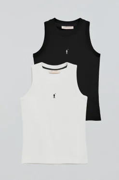 Pack mujer de dos camisetas negra y blanca sin mangas de cuello redondo con logo bordado Rigby Go