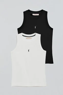 Pack mujer de dos camisetas negra y blanca sin mangas de cuello redondo con logo bordado Rigby Go
