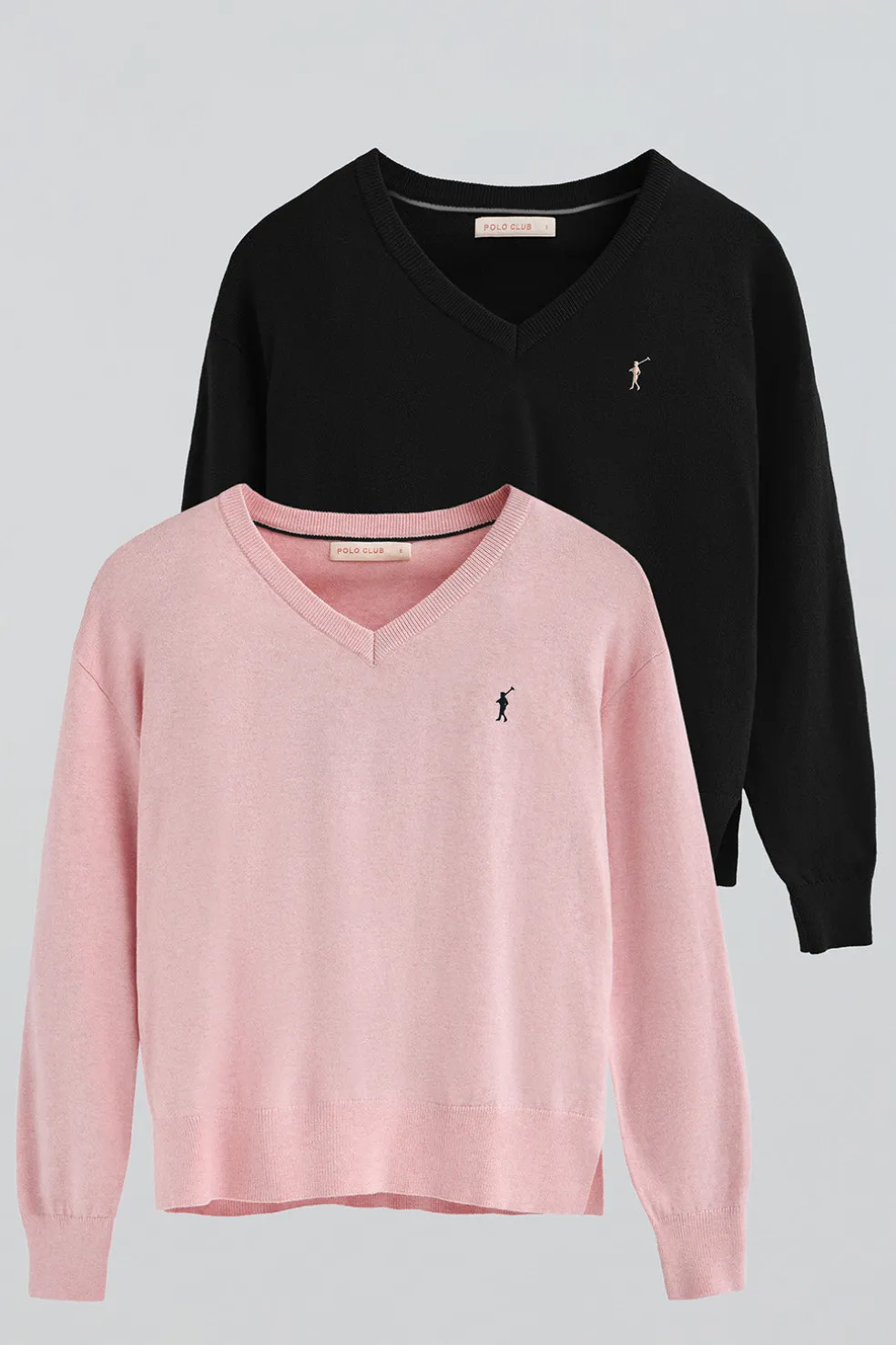 Pack mujer de dos jerseis negro y rosa vigoré de cuello pico en mezcla lana y bordado Rigby Go