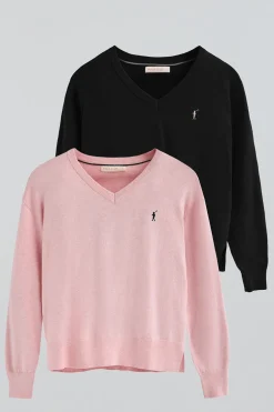 Pack mujer de dos jerseis negro y rosa vigoré de cuello pico en mezcla lana y bordado Rigby Go