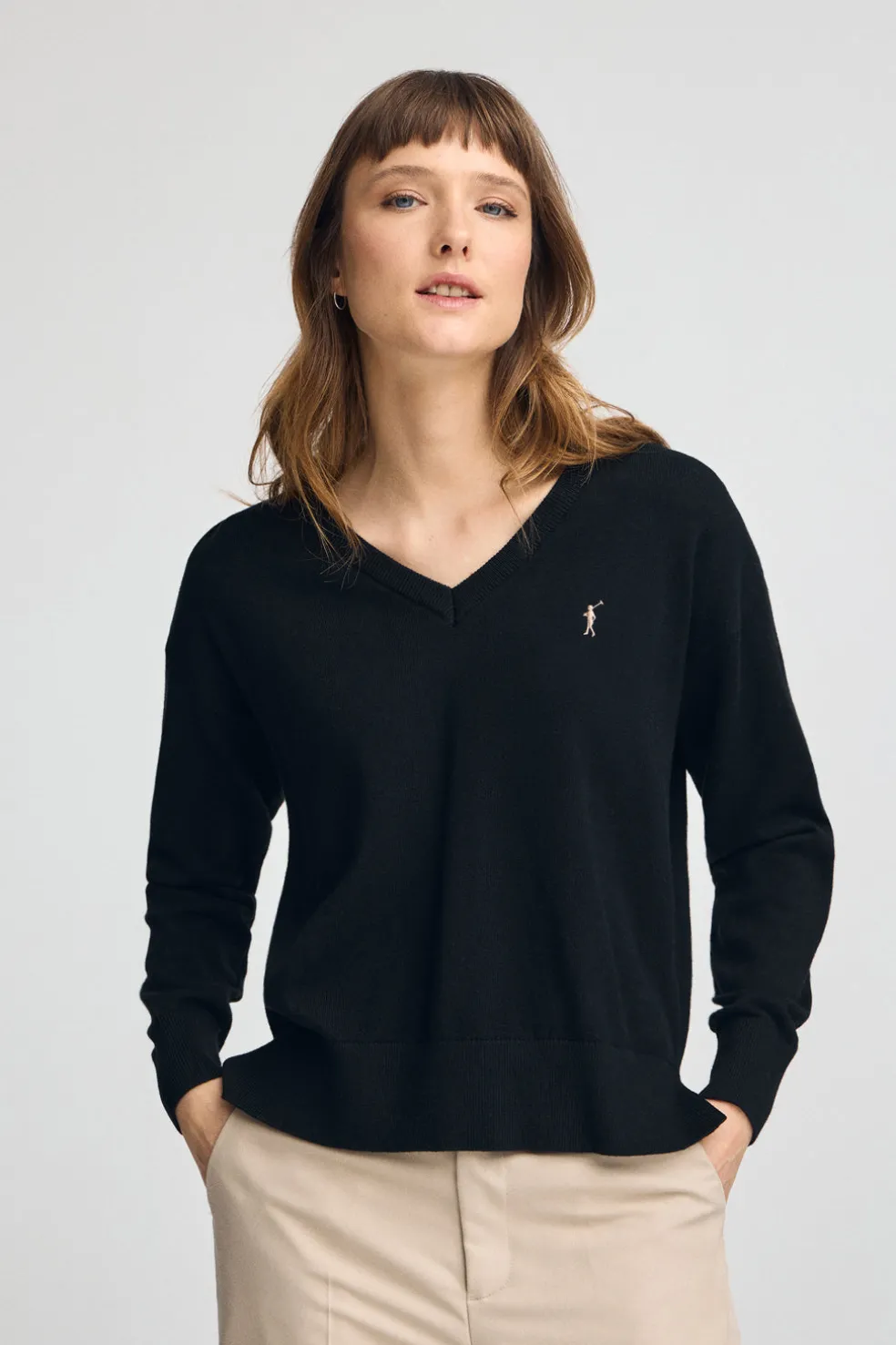 Pack mujer de dos jerseis negro y rosa vigoré de cuello pico en mezcla lana y bordado Rigby Go