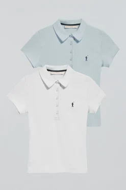 Pack mujer de dos polos azul claro y blanco con logo Rigby Go