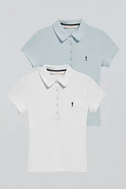 Pack mujer de dos polos azul claro y blanco con logo Rigby Go
