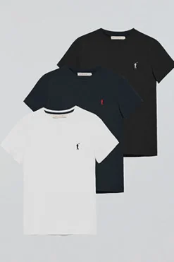 Pack mujer de tres camisetas negra, azul marino y blanca de manga corta con logo bordado Rigby Go