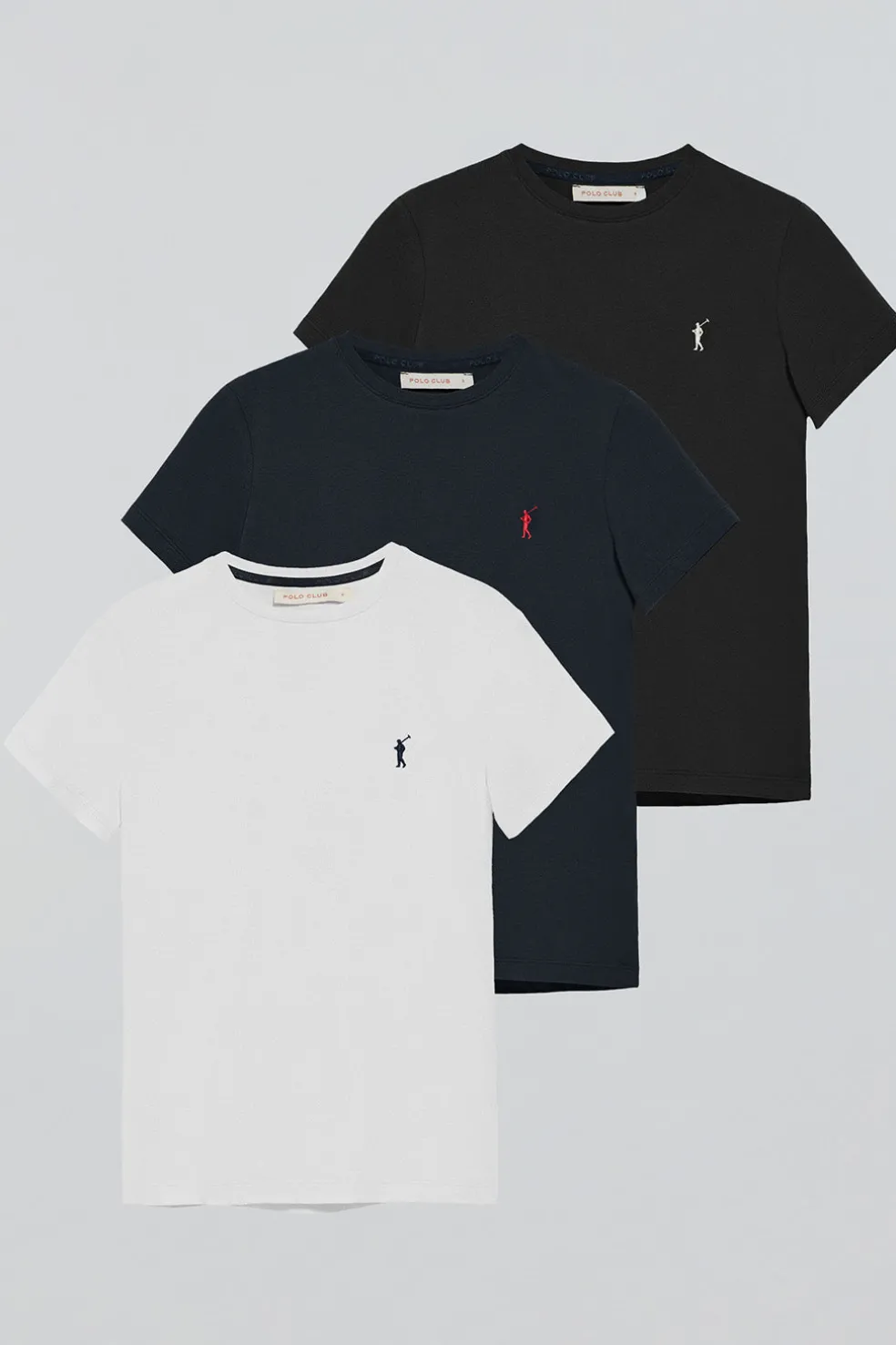 Pack mujer de tres camisetas negra, azul marino y blanca de manga corta con logo bordado Rigby Go