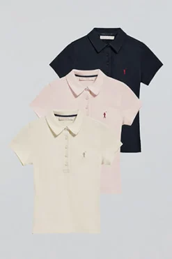 Pack mujer de tres polos azul marino, color crudo y rosa con logo Rigby Go
