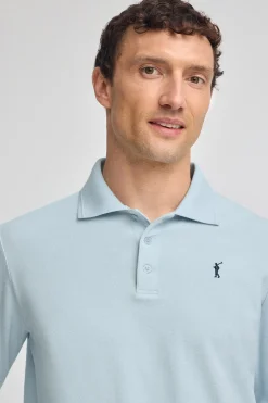 Polo azul claro de manga larga de tres botones y bordado Rigby Go