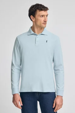Polo azul claro de manga larga de tres botones y bordado Rigby Go