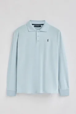Polo azul claro de manga larga de tres botones y bordado Rigby Go