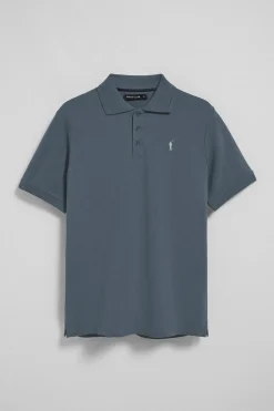 Polo azul denim de manga corta y tres botones con logo bordado Rigby Go