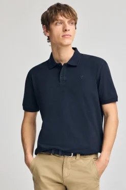 Polo azul marino de algodón y lino con dos botones y monograma bordado