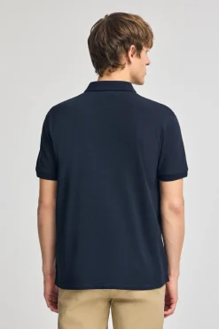 Polo azul marino de algodón y lino con dos botones y monograma bordado