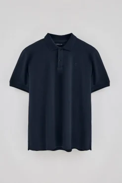 Polo azul marino de algodón y lino con dos botones y monograma bordado