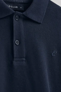 Polo azul marino de algodón y lino con dos botones y monograma bordado