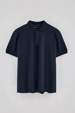 Polo azul marino de algodón y lino con dos botones y monograma bordado