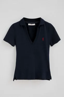 Polo azul marino de algodón y lino sin botones con bordado Rigby Go