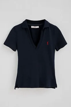 Polo azul marino de algodón y lino sin botones con bordado Rigby Go