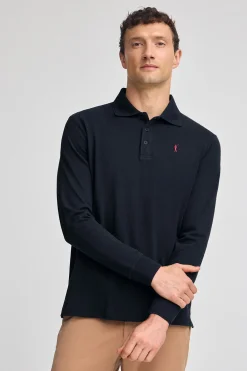 Polo azul marino de manga larga de tres botones y bordado Rigby Go