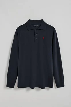 Polo azul marino de manga larga de tres botones y bordado Rigby Go