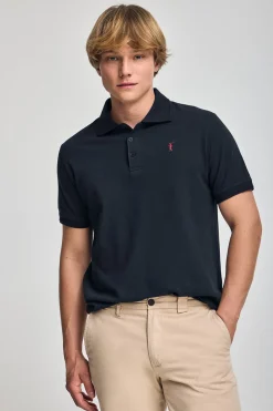 Polo azul marino de manga corta y tres botones con logo bordado Rigby Go