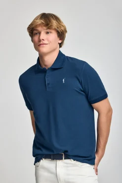Polo azul índigo de manga corta y tres botones con logo bordado Rigby Go