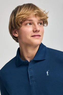 Polo azul índigo de manga corta y tres botones con logo bordado Rigby Go